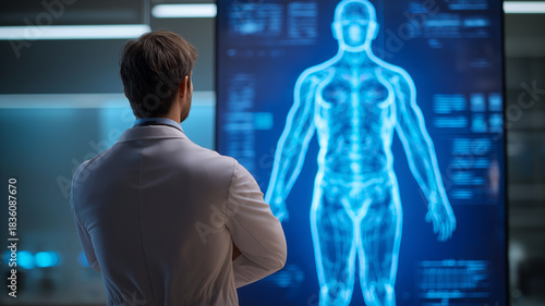 Male doctor in white coat stands with arms crossed, attentively examining digital display of human body in futuristic medical setting
