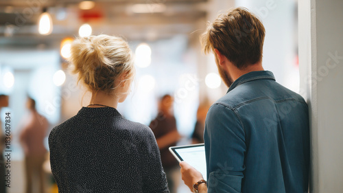 Two colleagues viewed from back are leaning against wall in modern office, engaging in conversation. setting is bright and bustling, with blurred figures in background