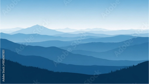 Blue Mountain Range Serene Landscape Illustration with Layers and Sky