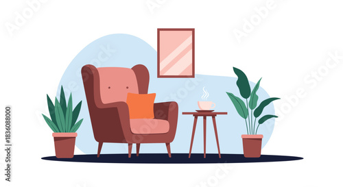 A cozy interior scene features a comfortable pink armchair with a cushion a side table with a steaming cup and surrounding houseplants.