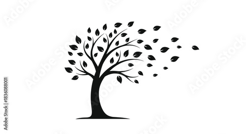 A black silhouette of a tree stands strong while its leaves are being blown away by a powerful gust of wind on a white background.