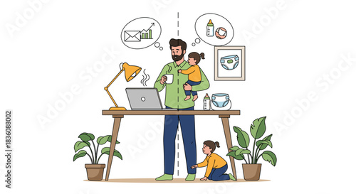 A busy father multitasks by working on his laptop and caring for his two young children in a hectic yet loving home environment.