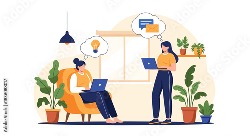 Two women collaborate in a cozy home office setting with one thinking of ideas and the other of communication via chat and email.