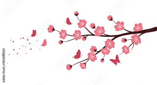 An elegant branch of pink cherry blossoms extends across the frame with delicate butterflies fluttering away from it on a white background.