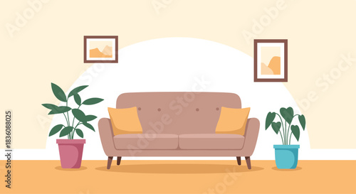 A cozy and modern living room scene features a comfortable brown sofa with pillows situated between two potted plants and framed art.