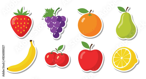 A colorful set of eight fruit stickers including a strawberry grapes orange pear banana cherries apple and lemon is shown on white.