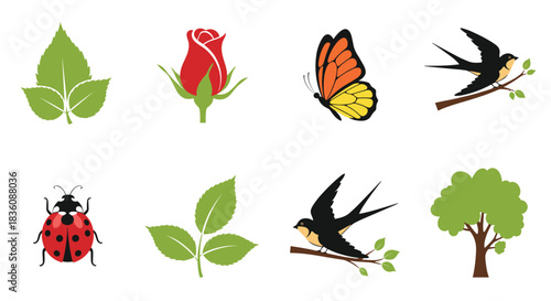 A collection of eight spring and summer nature icons includes a leaf rose butterfly swallow ladybug and a tree in a simple style.