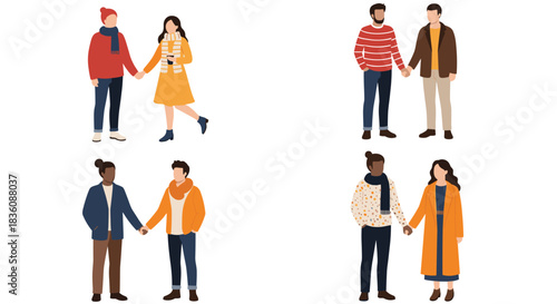 A diverse set of four couples including same-sex and interracial partners is shown holding hands while dressed in cozy winter clothes.