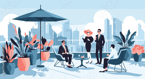 A group of elegantly dressed people socializes on a stylish rooftop patio with potted plants and a stunning city skyline background.
