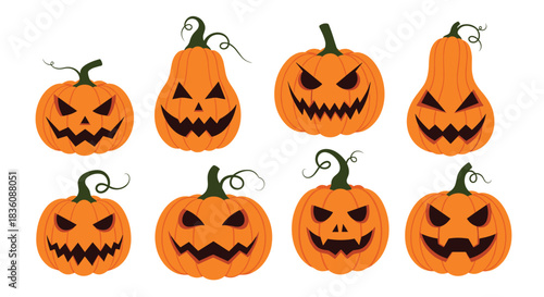 A spooky set of eight carved Halloween pumpkins or jack-o-lanterns with various evil and scary faces is perfect for holiday designs.