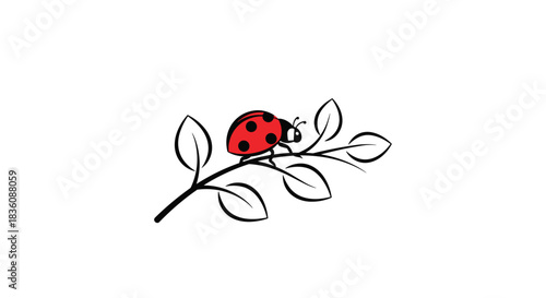 A simple and charming drawing shows a single red ladybug with black spots crawling on a thin plant branch with outlined leaves.