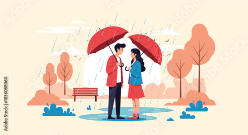 A romantic couple stands close together under two red umbrellas during a gentle rain in a lovely pink-toned park in the autumn.