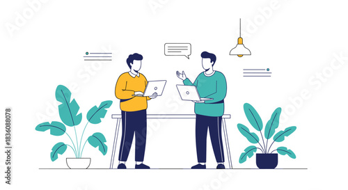 Two male colleagues stand and talk in a modern minimalist office space each holding a laptop surrounded by large green houseplants.