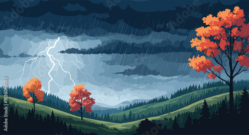 A powerful thunderstorm with dramatic lightning rolls over a lush green landscape with vibrant orange autumn trees in the foreground.