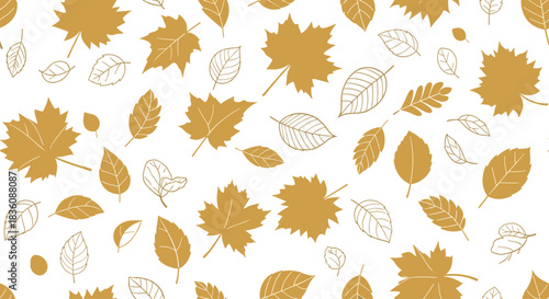 A seamless and elegant pattern of golden autumn leaves both solid and outlined is scattered across a clean and simple white background.