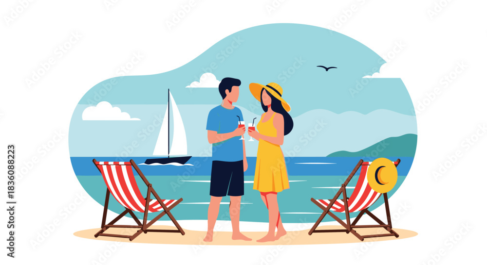 Fototapeta premium A young romantic couple enjoys drinks on a tropical beach with lounge chairs a sailboat and the ocean in the background for summer.