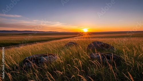 Wide shot of sun setting over a grassy plain with stones and a road, golden light