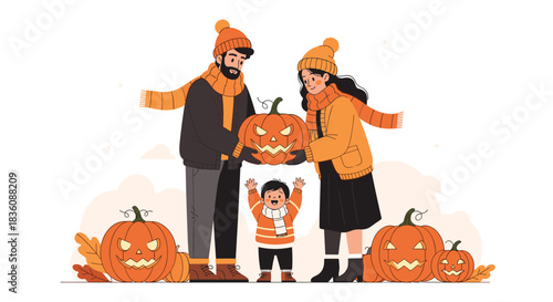 A happy family of three wearing cozy autumn clothes carves a jack-o-lantern together surrounded by other pumpkins for Halloween.