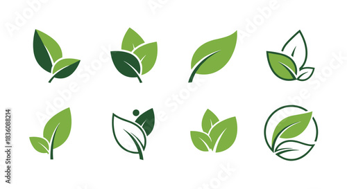A versatile set of eight green leaf logos and icons is presented in various simple and modern designs for eco-friendly branding.
