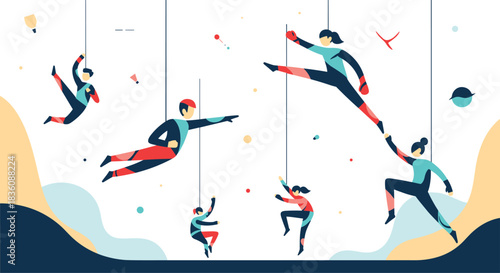 A group of stylized athletes in colorful uniforms are shown climbing and performing acrobatic moves in a dynamic vector illustration.