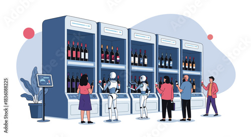 Humans and androids shop for wine together at futuristic automated retail kiosks in a clean and modern store environment illustration.