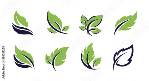 A set of eight stylized green and dark blue leaf logos showcases various dynamic and elegant designs perfect for eco-friendly branding.