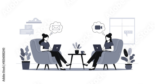 Two women sit in armchairs with laptops communicating remotely through email and video call icons in a monochrome vector illustration.