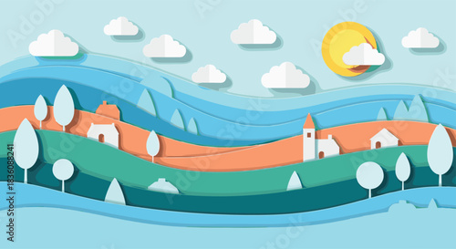 A charming village scene with houses and trees is created in a colorful paper cut style with layered rolling hills and fluffy clouds.