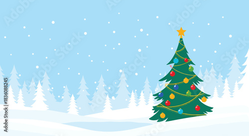 A festive Christmas tree decorated with colorful ornaments and a star stands in a snowy winter forest landscape as snow gently falls.