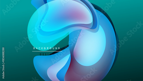 Abstract fluid shapes blend, creating vibrant teal, blue hues. Design features text elements, dark background enhances luminosity.
