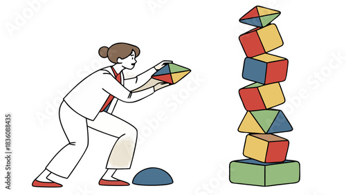 Woman Stacking Geometric Blocks Building Strategy Business Illustration, A vector illustration of a woman carefully adding a geometric block to a tall, teetering tower, symbolizing strategy, balance, 