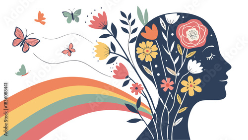 Human Head Silhouette Blooming Flowers Rainbow Butterflies Mental Growth Illustration, An artistic illustration of a woman's head silhouette where colorful flowers, butterflies, and a rainbow are burs
