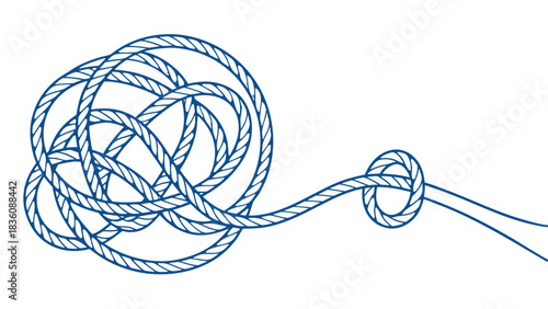 Tangled Rope Untying Into Knot Problem Solving Concept Illustration, A vector illustration showing a complex mess of tangled blue rope slowly untangling into a neat knot and a straight line,