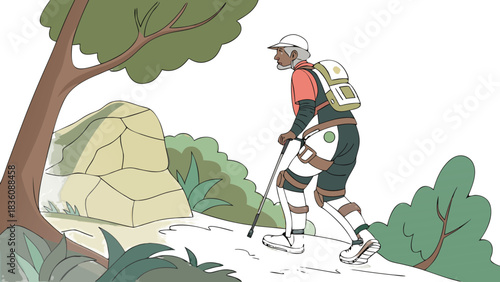 Senior Man Hiking on Trail with Walking Stick and Backpack, A flat vector illustration of an elderly man with a backpack and walking stick hiking on a dirt trail in a natural setting.