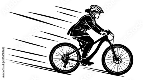 Silhouette of Woman Cyclist Riding Mountain Bike Fast,  A dynamic black silhouette illustration of a woman wearing a helmet and riding a mountain bike quickly, emphasized by motion lines.