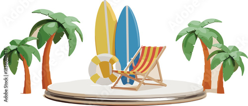 Beach vacation scene with palm trees surfboards deck chair summer tropical illustration for travel designs digital clipart crafting and decoration projects