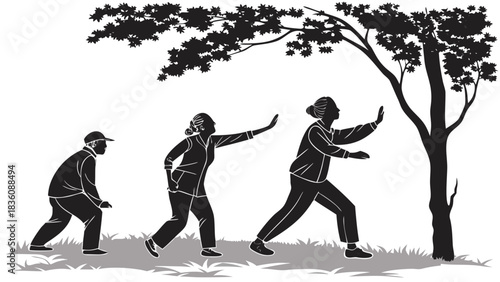 Silhouette of Senior People Practicing Tai Chi Outdoors,  A black and white silhouette illustration of three elderly people in different poses practicing Tai Chi under a tree in a park