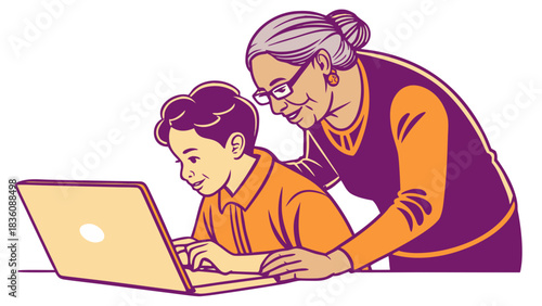 Grandmother and Grandson Using Laptop Computer Together, A vector illustration showing a grandmother and her young grandson sharing a laptop computer, with the grandmother leaning over to help
