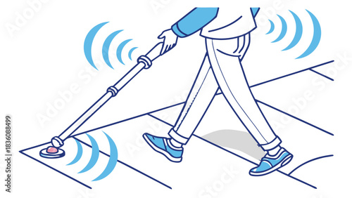 Visually Impaired Person Navigating with Smart White Cane, A line art illustration indicating a visually impaired person using a smart white cane that emits signals to detect obstacles on a tactile 