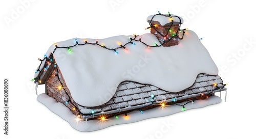 Small, snowy rooftop scene, adorned with colorful Christmas lights and a brick chimney