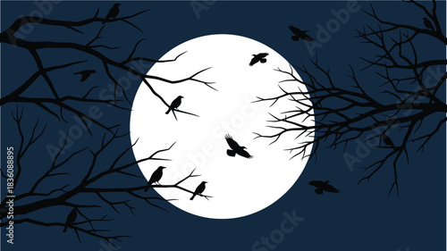 Silhouetted birds perch on bare branches against a bright full moon
