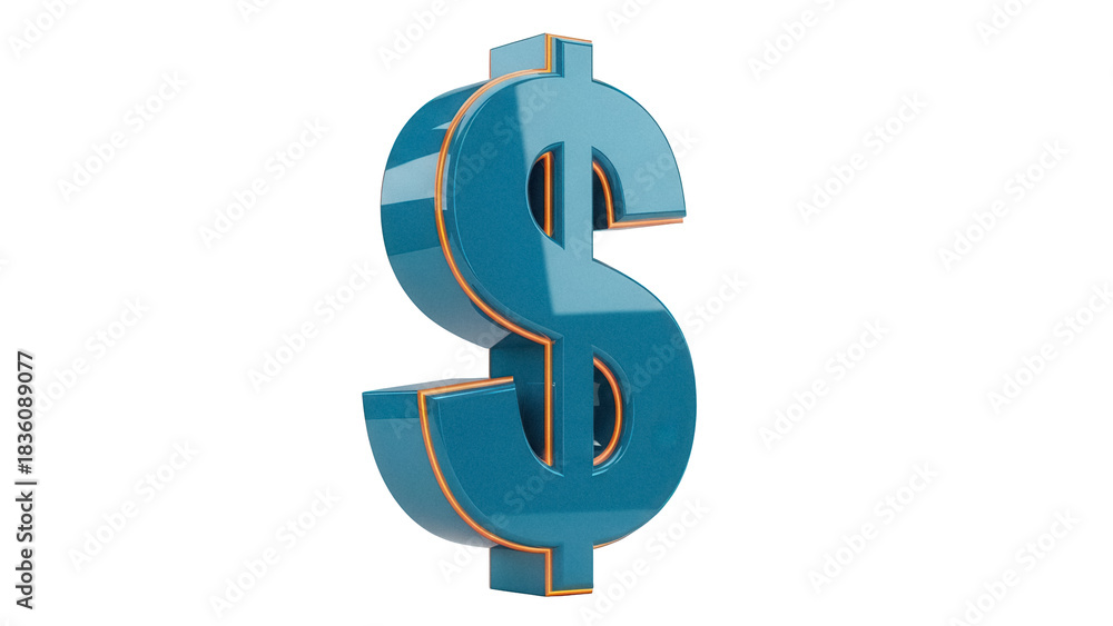 Obraz premium Blue dollar sign isolated PNG, 3D rendering of currency symbol with orange outline on transparent background for finance and business use