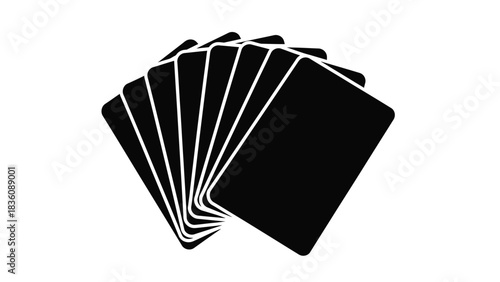 A fan of black playing cards arranged in a curved overlapping design