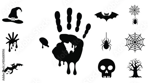 A collection of halloween silhouettes including a witch s hat handprint and spiderweb