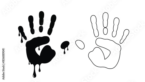 Black and white handprints with dripping paint and scattered circles