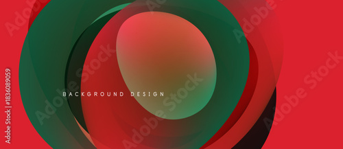 Abstract layers create dynamic visual. Red, green hues blend, forming circular shapes. Modern design element for backgrounds.