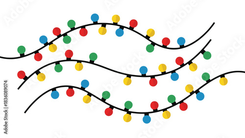 Colorful christmas lights arranged in wavy lines against a white background