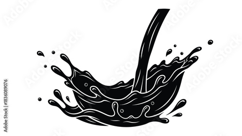 A striking black and white illustration of a chocolate splash