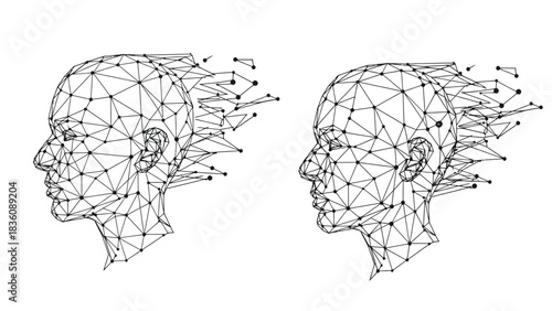 Deconstructed human heads formed by interconnected lines and points digital art