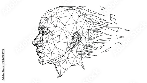 Deconstructing human form a wireframe head dissolving into fragmented geometric shapes